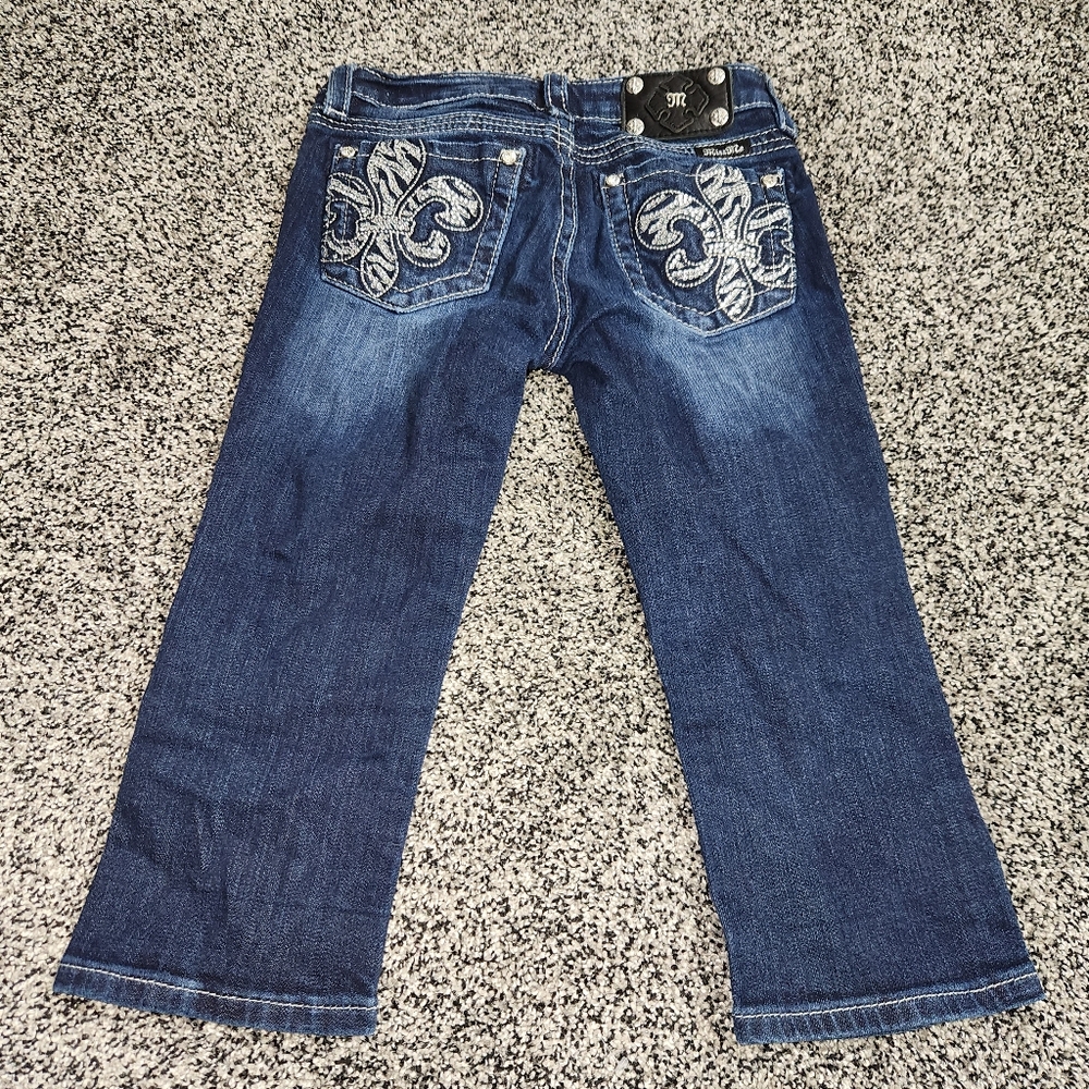 Miss Me Jeans Girls Capri Pants Size 14‎ Fleur De Lis Rhinestone Bling Dark Wash